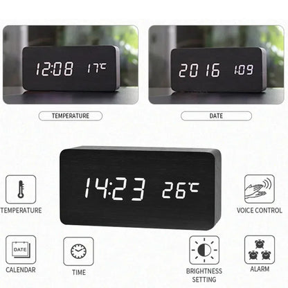 "Retro Wooden Digital Alarm Clock with LED Display & Temperature Sensor, Silent Night Light for Office/Bedroom/Living Room"