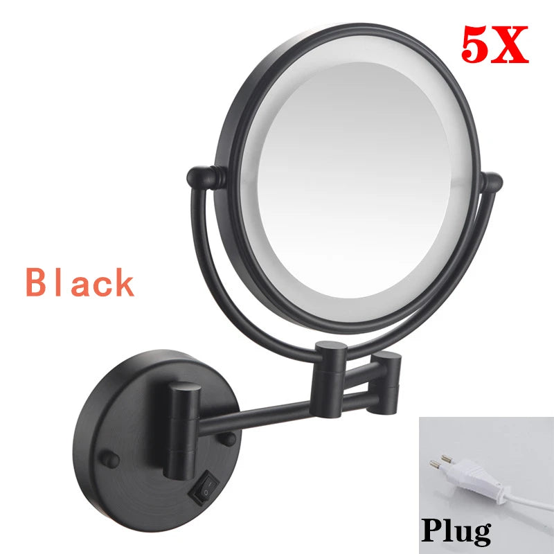 Rose Gold Led Folding Bathroom Mirror Wall Mounted Lighted Home Hotell Bathroom Makeup Mirror 5X Magnifying Plug Bath Mirrors