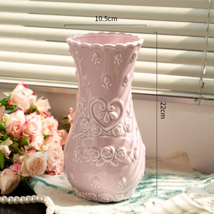 European Retro Relief Rose Ceramic Vase Highend Living Room Decor Desktop Home Decoration Ornaments
