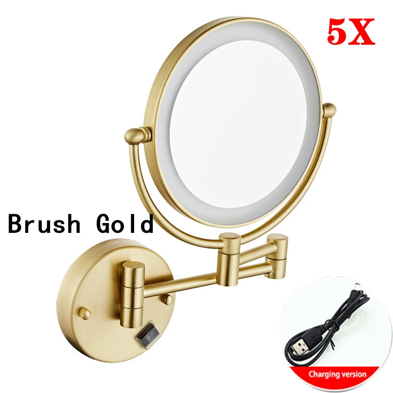 Rose Gold Led Folding Bathroom Mirror Wall Mounted Lighted Home Hotell Bathroom Makeup Mirror 5X Magnifying Plug Bath Mirrors