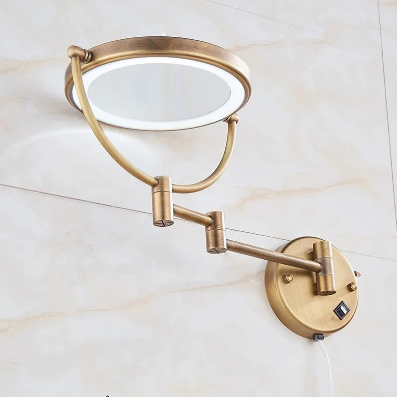 Rose Gold Led Folding Bathroom Mirror Wall Mounted Lighted Home Hotell Bathroom Makeup Mirror 5X Magnifying Plug Bath Mirrors