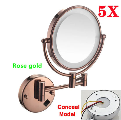 Rose Gold Led Folding Bathroom Mirror Wall Mounted Lighted Home Hotell Bathroom Makeup Mirror 5X Magnifying Plug Bath Mirrors