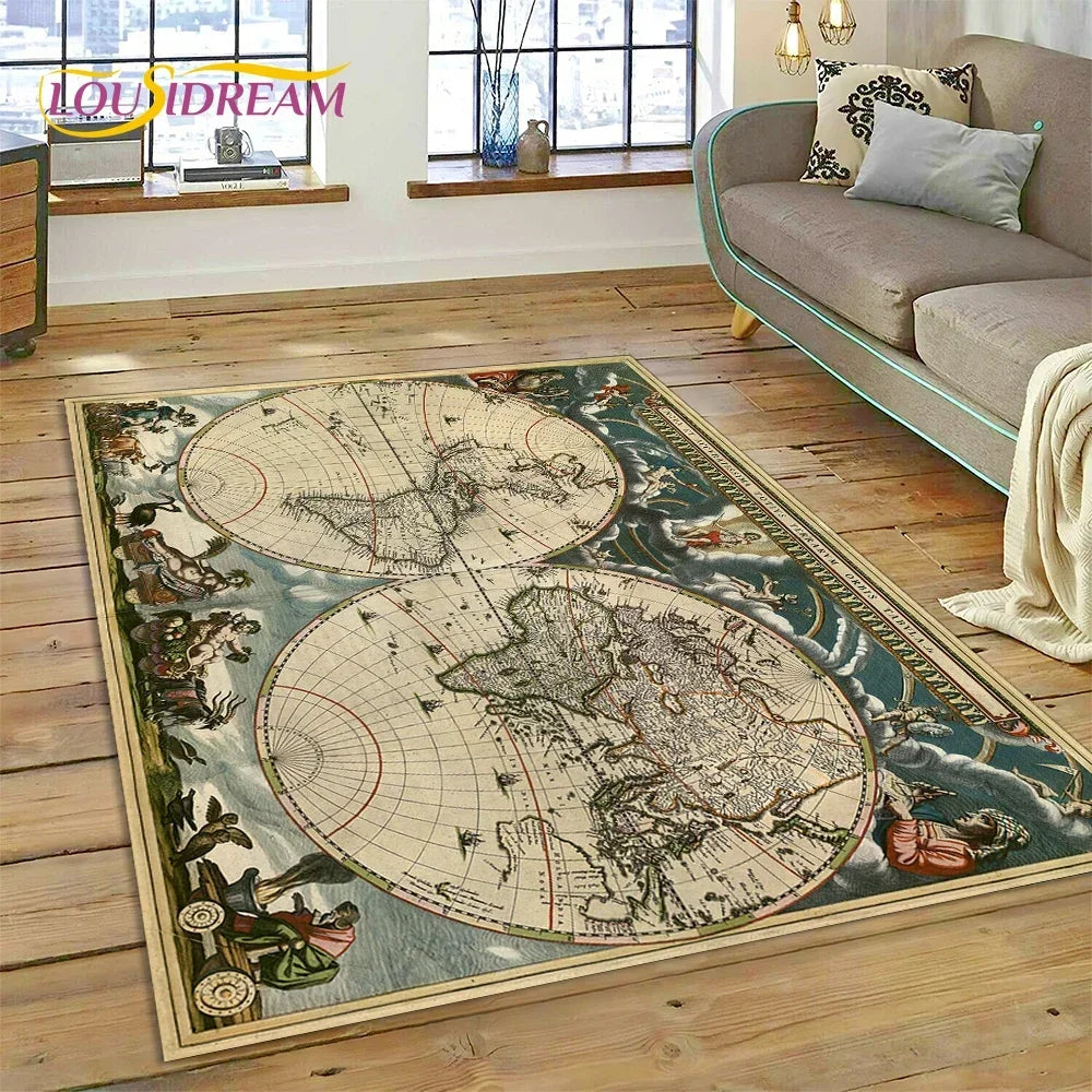 3D Ancient Nautical Chart World Map Compass Carpet Rug for Bedroom Living Room Sofa Decoration,Child Game Large Decor Floor Mat