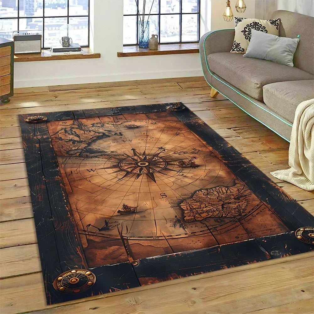 3D Ancient Nautical Chart World Map Compass Carpet Rug for Bedroom Living Room Sofa Decoration,Child Game Large Decor Floor Mat
