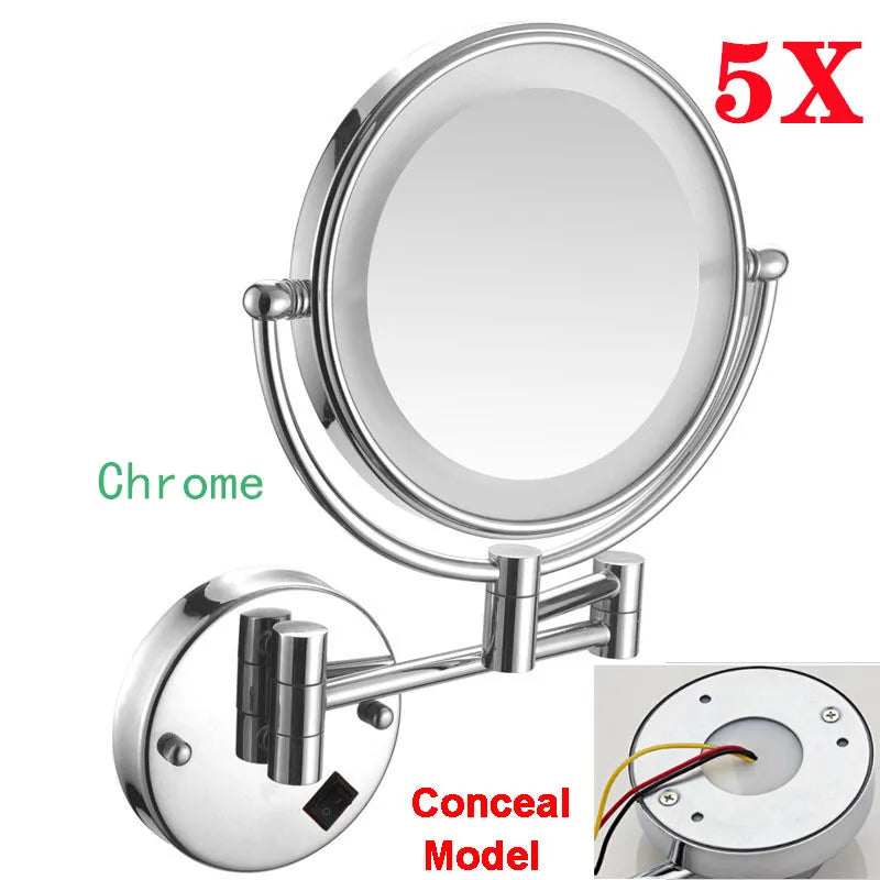 Rose Gold Led Folding Bathroom Mirror Wall Mounted Lighted Home Hotell Bathroom Makeup Mirror 5X Magnifying Plug Bath Mirrors
