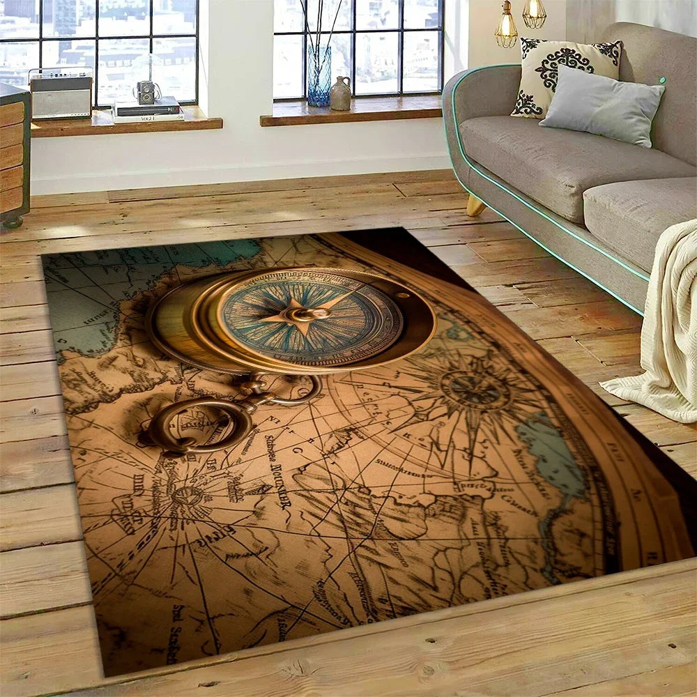 3D Ancient Nautical Chart World Map Compass Carpet Rug for Bedroom Living Room Sofa Decoration,Child Game Large Decor Floor Mat