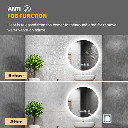 Round LED Bathroom Mirror With Light Touch Screen Defogging Bath Mirrors With Time 3 Colors Dimmable Wall Makeup Mirrors