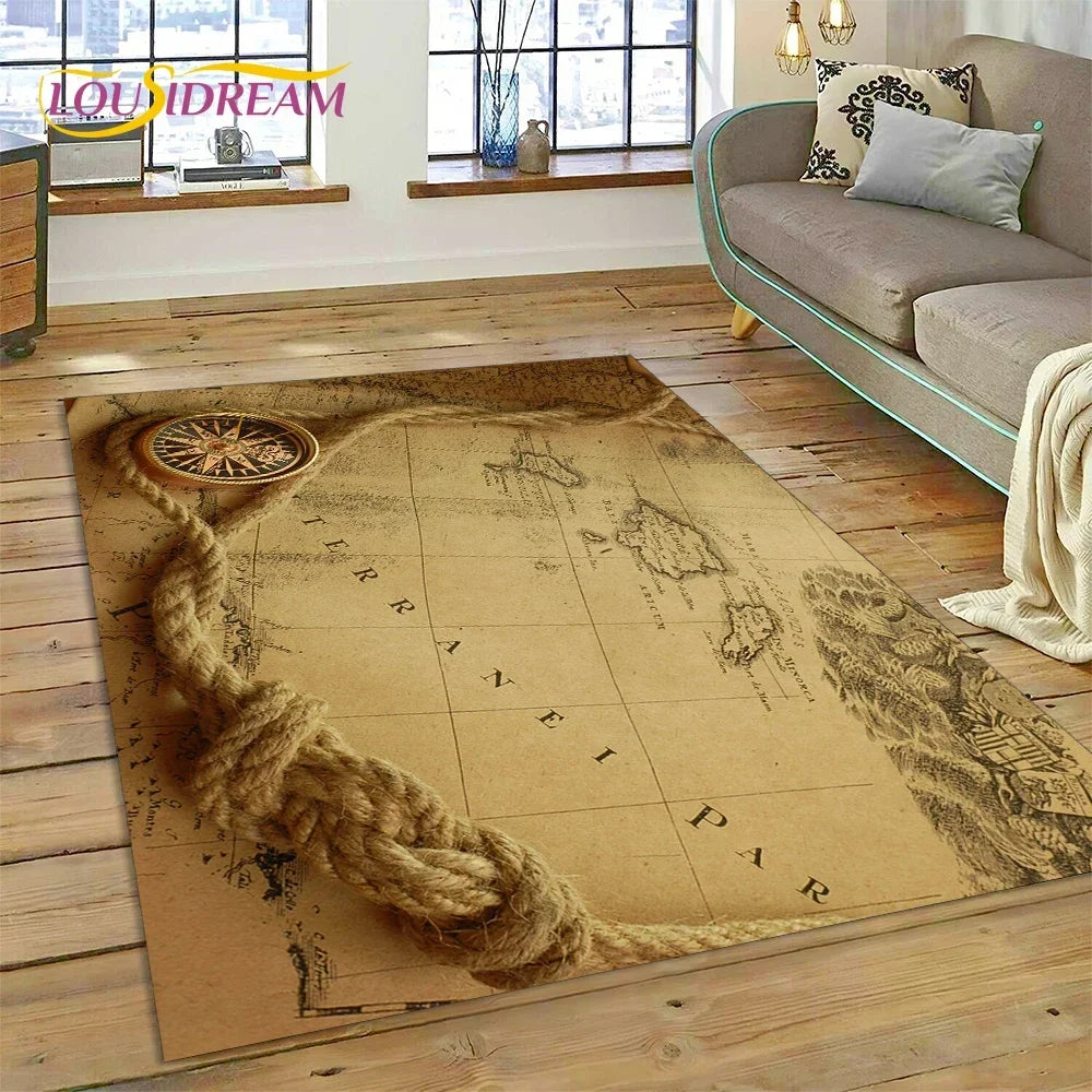 3D Ancient Nautical Chart World Map Compass Carpet Rug for Bedroom Living Room Sofa Decoration,Child Game Large Decor Floor Mat