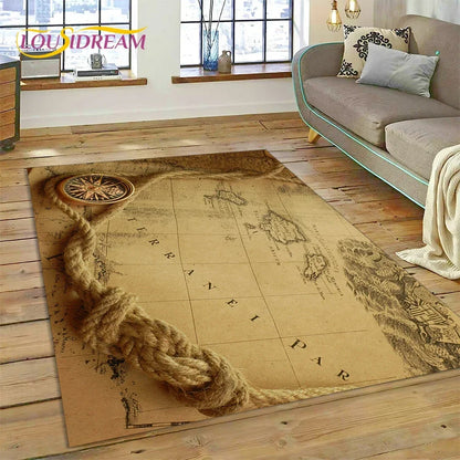 3D Ancient Nautical Chart World Map Compass Carpet Rug for Bedroom Living Room Sofa Decoration,Child Game Large Decor Floor Mat
