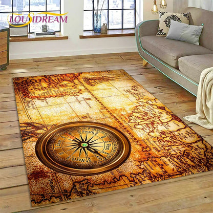 3D Ancient Nautical Chart World Map Compass Carpet Rug for Bedroom Living Room Sofa Decoration,Child Game Large Decor Floor Mat