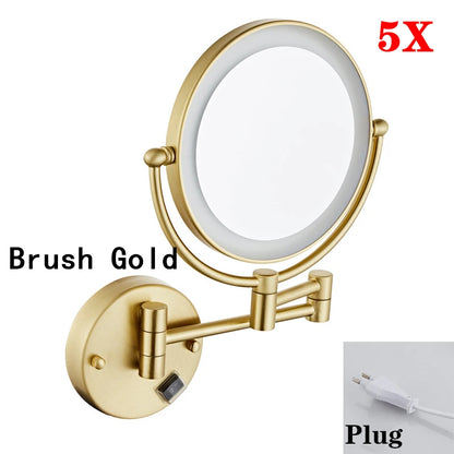 Rose Gold Led Folding Bathroom Mirror Wall Mounted Lighted Home Hotell Bathroom Makeup Mirror 5X Magnifying Plug Bath Mirrors