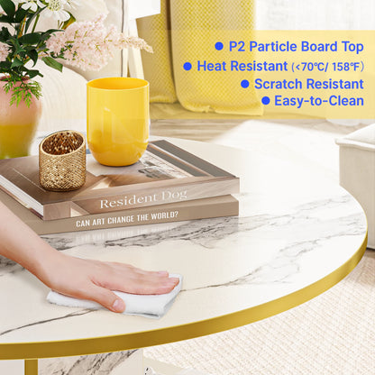 3-Tier Round Coffee Table with Storage, Modern Coffee Table for Living Room, Wooden Tabletop-Marble White with Gold Frame