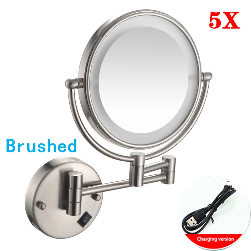 Rose Gold Led Folding Bathroom Mirror Wall Mounted Lighted Home Hotell Bathroom Makeup Mirror 5X Magnifying Plug Bath Mirrors
