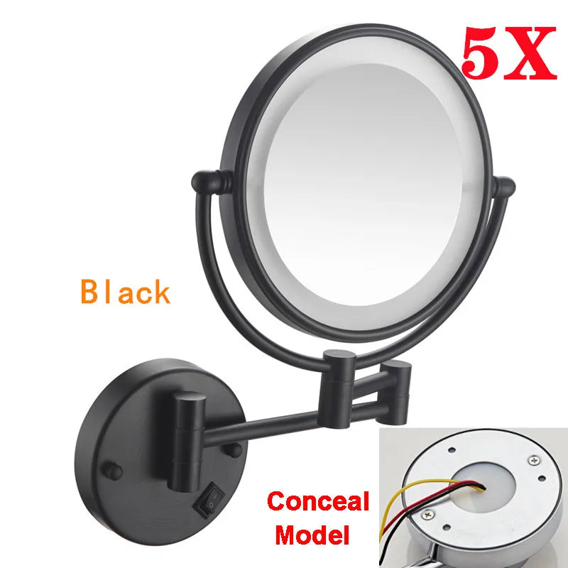 Rose Gold Led Folding Bathroom Mirror Wall Mounted Lighted Home Hotell Bathroom Makeup Mirror 5X Magnifying Plug Bath Mirrors
