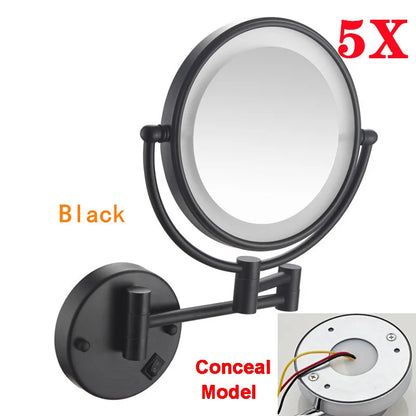 Rose Gold Led Folding Bathroom Mirror Wall Mounted Lighted Home Hotell Bathroom Makeup Mirror 5X Magnifying Plug Bath Mirrors