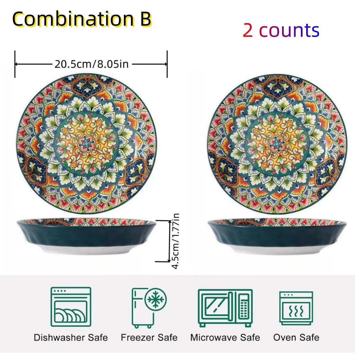 Bohemian Mandala Ceramic Plates 4Pcs 8Inch Deep Dinner Plates Microwave Dishwasher Safe Colorful for Kitchen Dining Gift