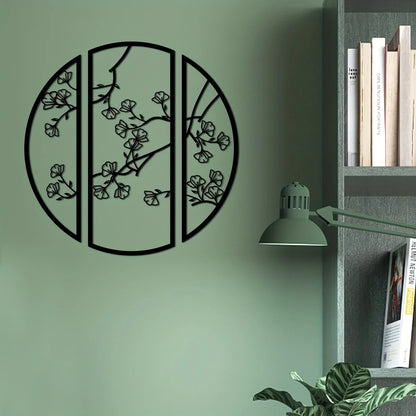 3pcs/set Black Simple Line Round Wall Art Sculpture, Ginkgo Metal Wall Art Decor, Suitable for Bedroom Kitchen Wall Decor