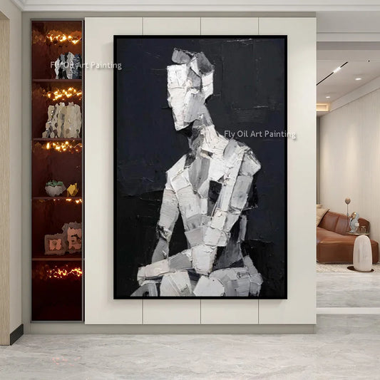 Handmade Black And White Women Portrait Oil Painting On Canvas New Elengance Brown White Sexy Girls Wall Art Decor For Bedroom