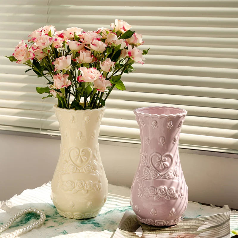 European Retro Relief Rose Ceramic Vase Highend Living Room Decor Desktop Home Decoration Ornaments