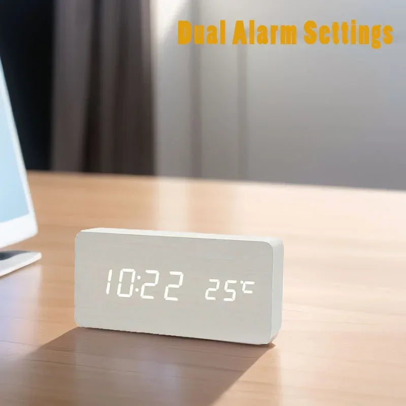 "Retro Wooden Digital Alarm Clock with LED Display & Temperature Sensor, Silent Night Light for Office/Bedroom/Living Room"