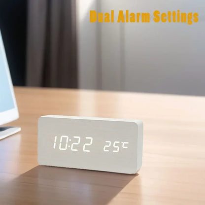 "Retro Wooden Digital Alarm Clock with LED Display & Temperature Sensor, Silent Night Light for Office/Bedroom/Living Room"