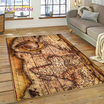 3D Ancient Nautical Chart World Map Compass Carpet Rug for Bedroom Living Room Sofa Decoration,Child Game Large Decor Floor Mat