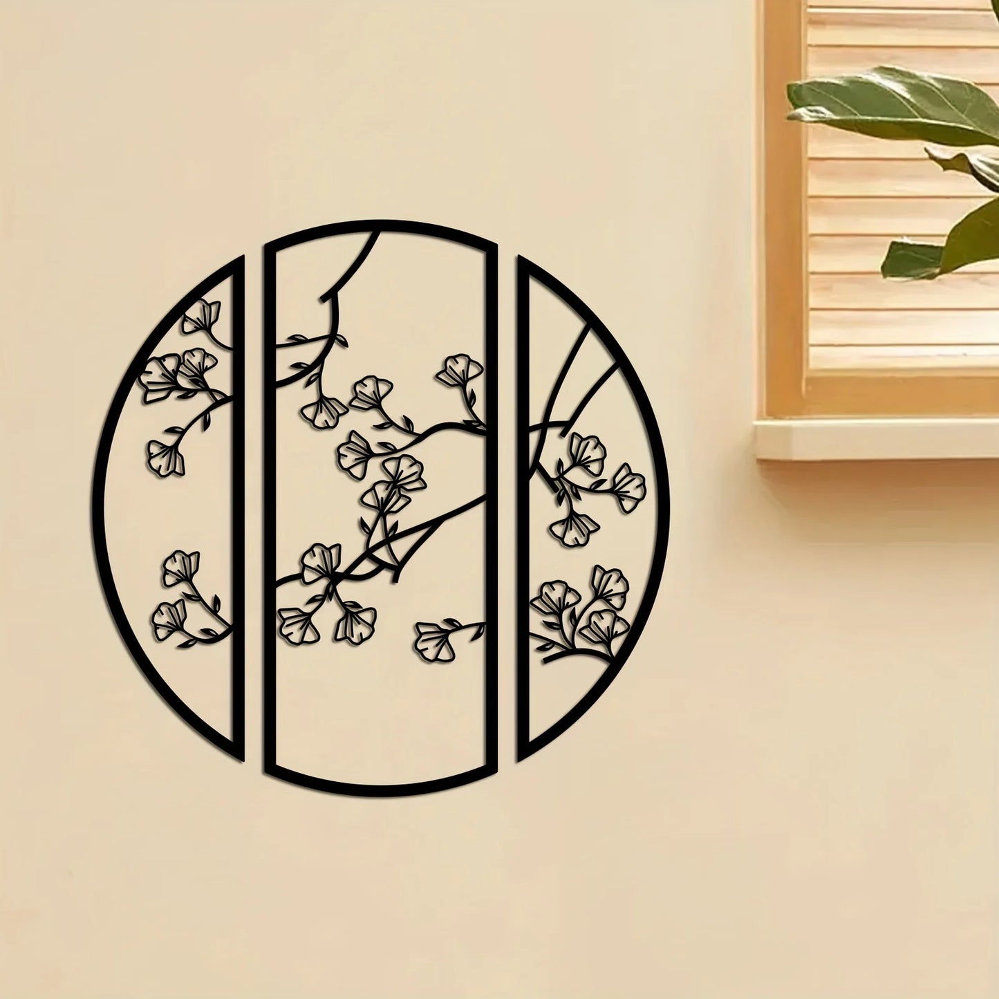 3pcs/set Black Simple Line Round Wall Art Sculpture, Ginkgo Metal Wall Art Decor, Suitable for Bedroom Kitchen Wall Decor