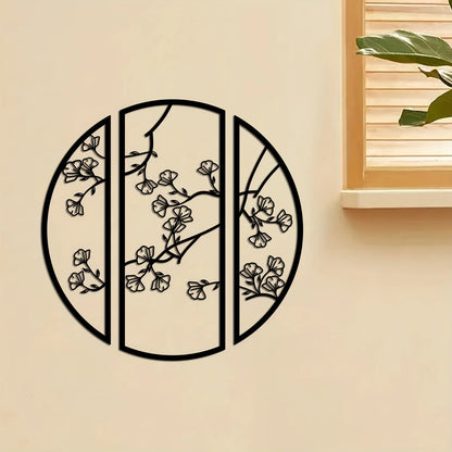 3pcs/set Black Simple Line Round Wall Art Sculpture, Ginkgo Metal Wall Art Decor, Suitable for Bedroom Kitchen Wall Decor