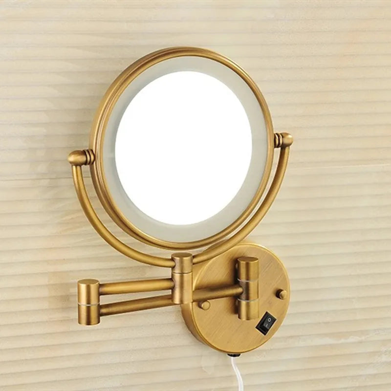 Rose Gold Led Folding Bathroom Mirror Wall Mounted Lighted Home Hotell Bathroom Makeup Mirror 5X Magnifying Plug Bath Mirrors