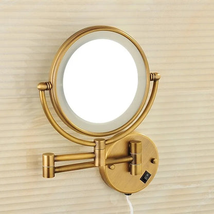 Rose Gold Led Folding Bathroom Mirror Wall Mounted Lighted Home Hotell Bathroom Makeup Mirror 5X Magnifying Plug Bath Mirrors