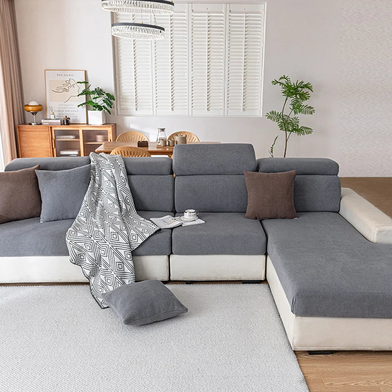 Jacquard Sofa Slipcover Ribbed Pattern Seat Cushion Cover Elastic Furniture Protector Sofa Covers for Living Room Bedroom 1PC