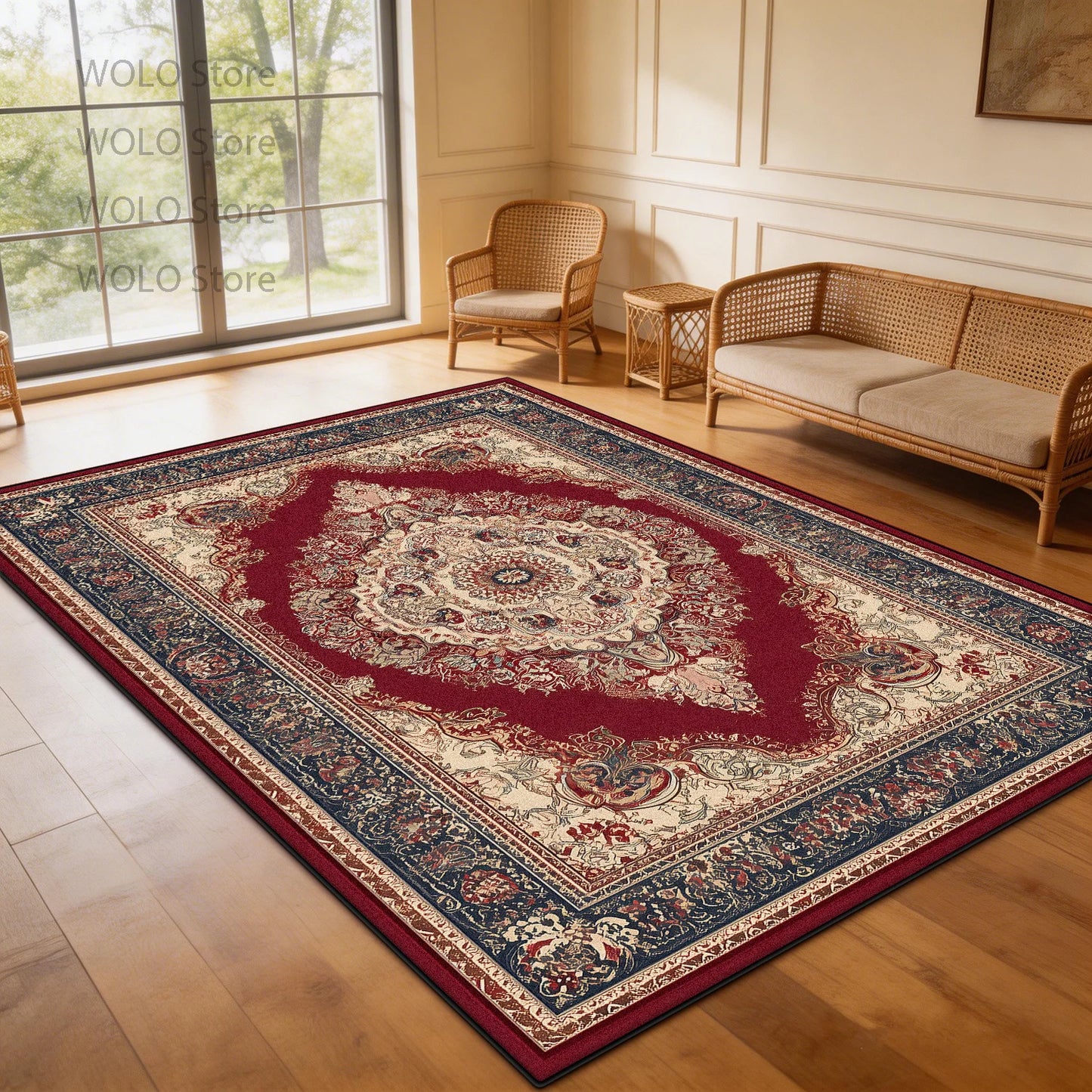 Persian-Style Floor Mat Classical Living Room Large Size Non-Slip Carpet Floor Bedroom and Living Room Lounge Rug Easy Clean