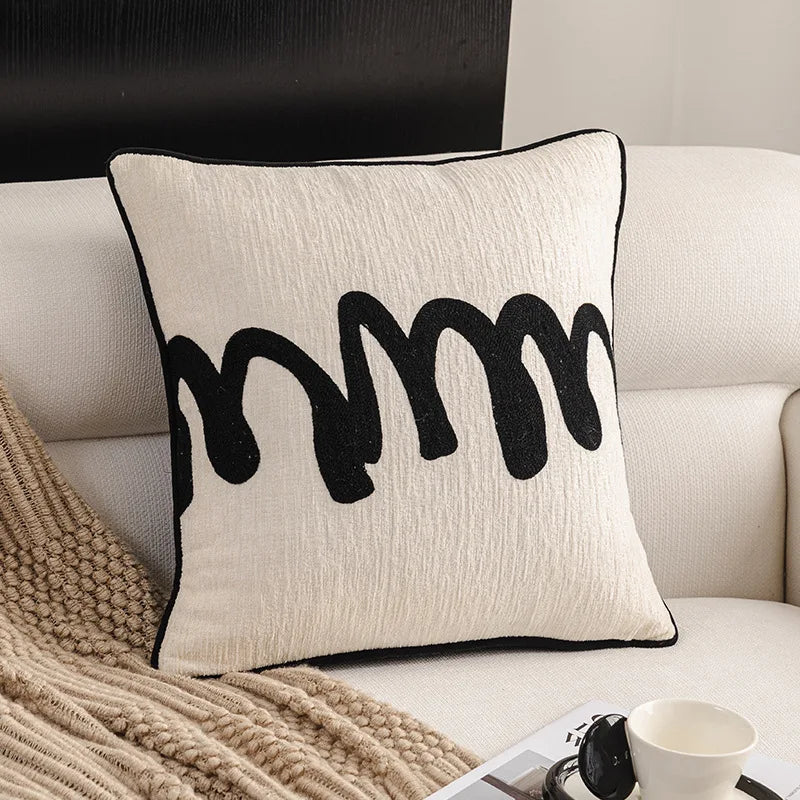 Modern Luxury Chenille Cushion Cover Black and White Geometric Jacquard Embroidery Throw Pillow Covers for Living Room
