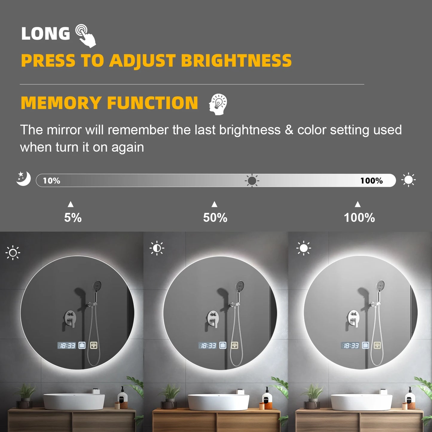Round LED Bathroom Mirror With Light Touch Screen Defogging Bath Mirrors With Time 3 Colors Dimmable Wall Makeup Mirrors
