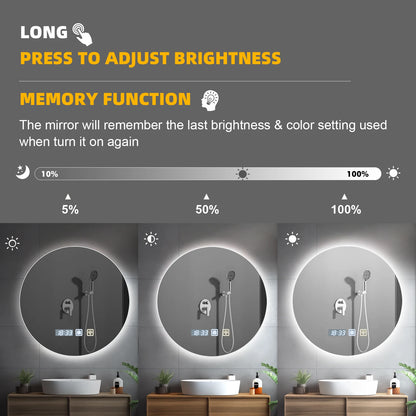 Round LED Bathroom Mirror With Light Touch Screen Defogging Bath Mirrors With Time 3 Colors Dimmable Wall Makeup Mirrors