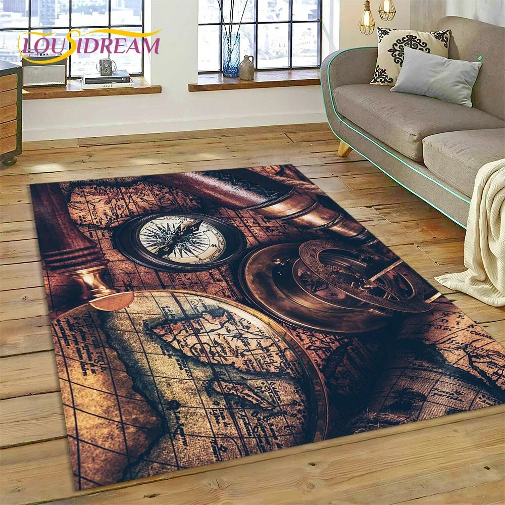 3D Ancient Nautical Chart World Map Compass Carpet Rug for Bedroom Living Room Sofa Decoration,Child Game Large Decor Floor Mat