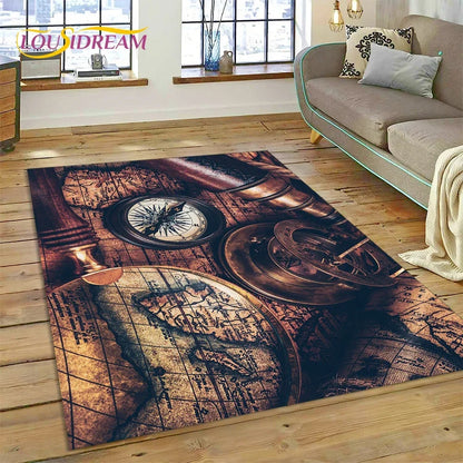 3D Ancient Nautical Chart World Map Compass Carpet Rug for Bedroom Living Room Sofa Decoration,Child Game Large Decor Floor Mat
