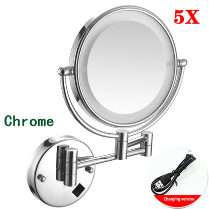 Rose Gold Led Folding Bathroom Mirror Wall Mounted Lighted Home Hotell Bathroom Makeup Mirror 5X Magnifying Plug Bath Mirrors