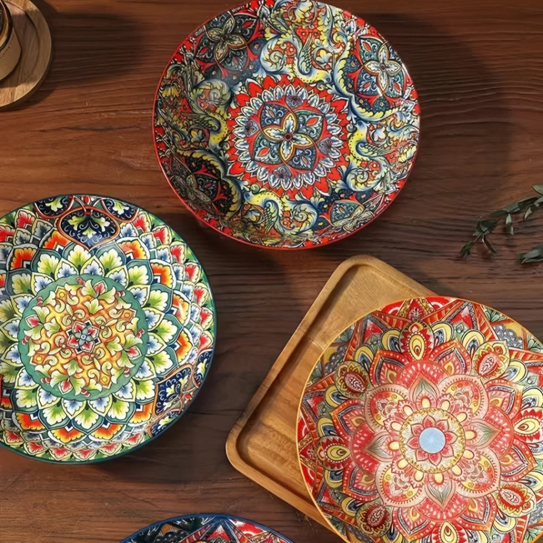 Bohemian Mandala Ceramic Plates 4Pcs 8Inch Deep Dinner Plates Microwave Dishwasher Safe Colorful for Kitchen Dining Gift