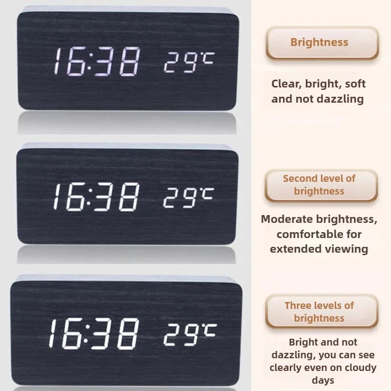"Retro Wooden Digital Alarm Clock with LED Display & Temperature Sensor, Silent Night Light for Office/Bedroom/Living Room"