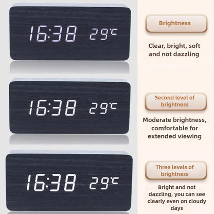 "Retro Wooden Digital Alarm Clock with LED Display & Temperature Sensor, Silent Night Light for Office/Bedroom/Living Room"