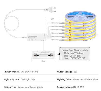 8mm Under Cabinet COB LED Strip Light Smart Door Sensor Switch for Bookcase Showcase Wardrobe  Closet Lighting Decor 1m-5m