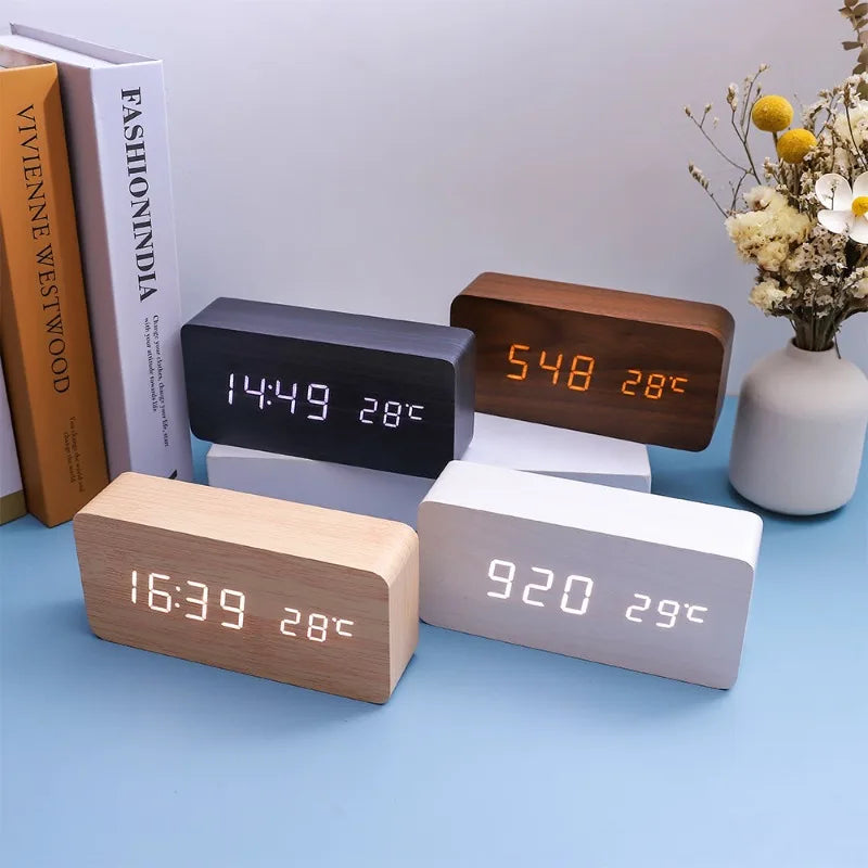 "Retro Wooden Digital Alarm Clock with LED Display & Temperature Sensor, Silent Night Light for Office/Bedroom/Living Room"