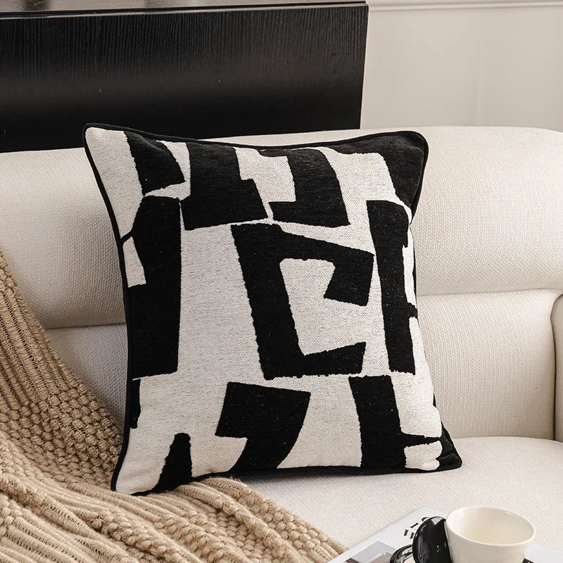 Modern Luxury Chenille Cushion Cover Black and White Geometric Jacquard Embroidery Throw Pillow Covers for Living Room