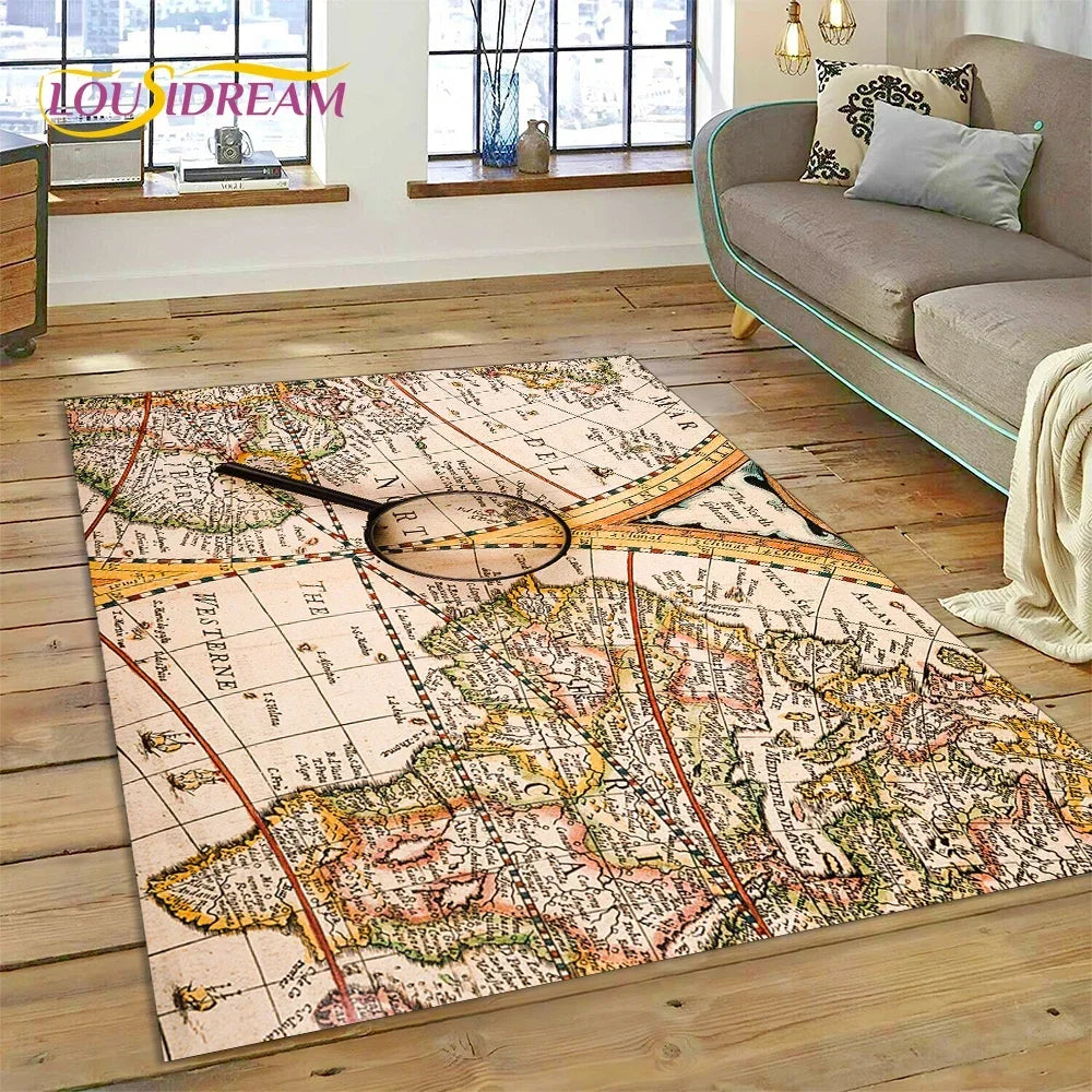 3D Ancient Nautical Chart World Map Compass Carpet Rug for Bedroom Living Room Sofa Decoration,Child Game Large Decor Floor Mat