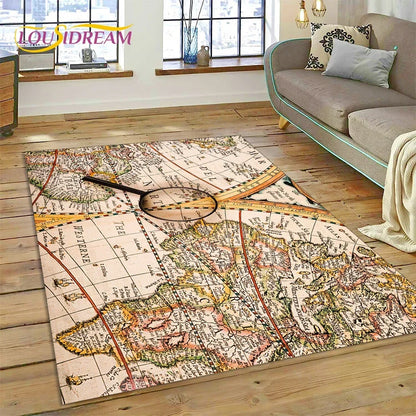 3D Ancient Nautical Chart World Map Compass Carpet Rug for Bedroom Living Room Sofa Decoration,Child Game Large Decor Floor Mat