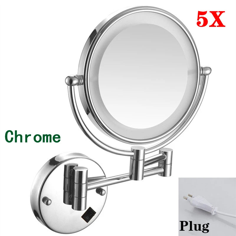 Rose Gold Led Folding Bathroom Mirror Wall Mounted Lighted Home Hotell Bathroom Makeup Mirror 5X Magnifying Plug Bath Mirrors