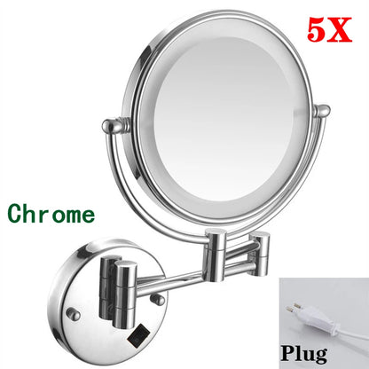 Rose Gold Led Folding Bathroom Mirror Wall Mounted Lighted Home Hotell Bathroom Makeup Mirror 5X Magnifying Plug Bath Mirrors