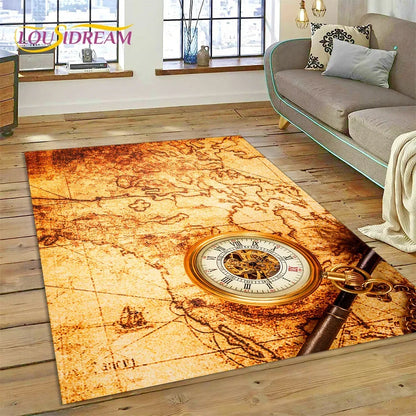 3D Ancient Nautical Chart World Map Compass Carpet Rug for Bedroom Living Room Sofa Decoration,Child Game Large Decor Floor Mat