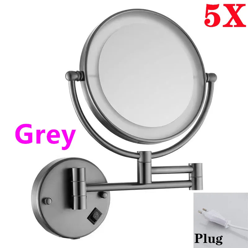 Rose Gold Led Folding Bathroom Mirror Wall Mounted Lighted Home Hotell Bathroom Makeup Mirror 5X Magnifying Plug Bath Mirrors